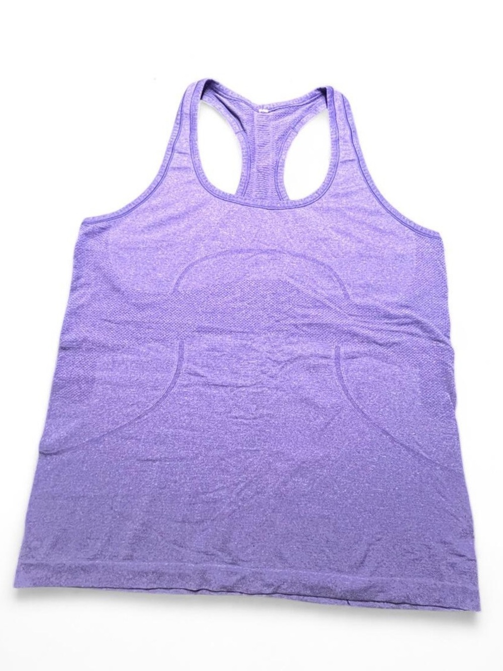 Lululemon purple tank top with encouraging message on hem, 12